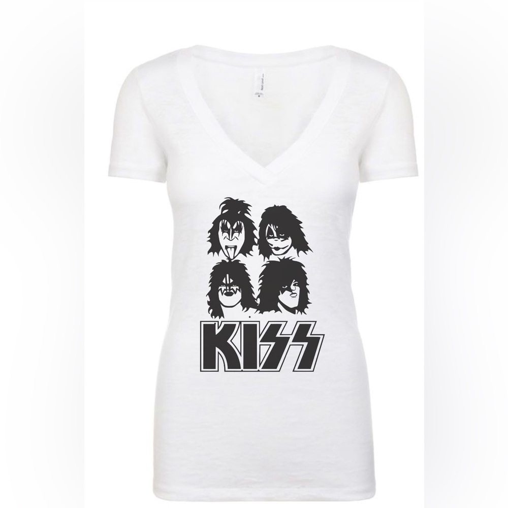 Kiss rock band stripe texture printed V- neck T-shirt soft and thin